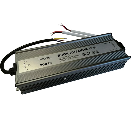 Изображение товара Блок питания Apeyron 12В, 200Вт, IP67, 170-264В, 16,7А, алюминий, серебо / 03-107