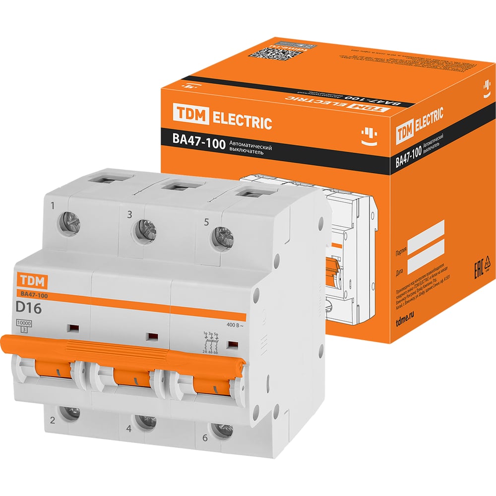 Изображение товара Автоматический выключатель TDM ELECTRIC ВА47-100 3Р 16А 10кА