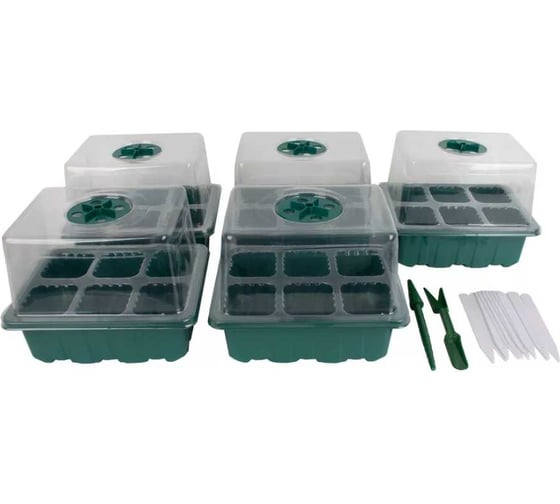 Изображение товара Набор мини-парников для рассады GARDEN SHOW 5 штук, вставка по 6 ячеек, зеленый 266529