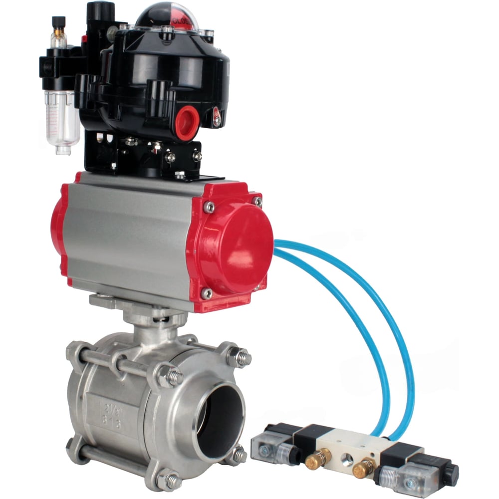 Изображение товара Кран шаровой DN.ru 316-316-PTFE-FP-W-ISO-H WDVF Ду40 с пневмоприводом и разборным корпусом