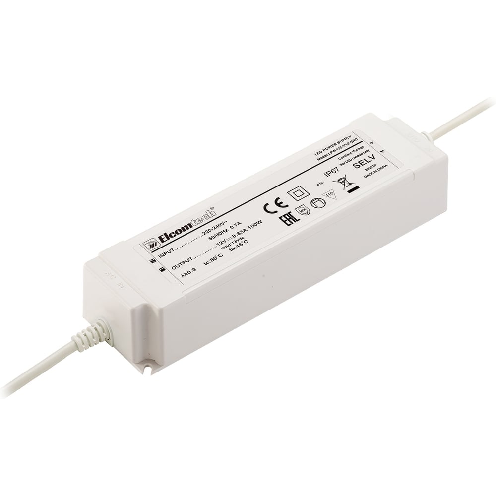 Изображение товара Драйвер LED ELcomtech LPW100-V12-W67 100W 12V IP67 для светодиодных светильников