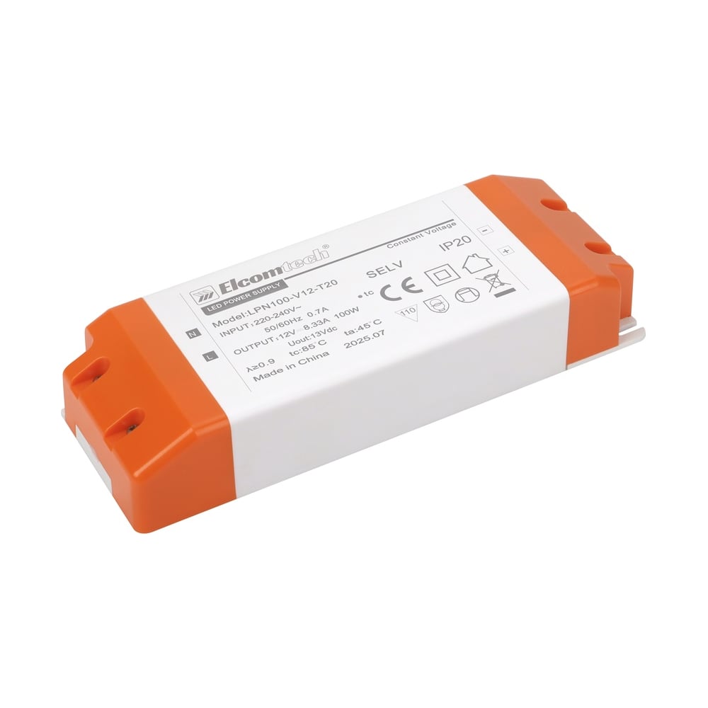 Изображение товара Драйвер ELCOMTECH LED 100W для светодиодных светильников 12V 8,33A LPN100-V12-T20