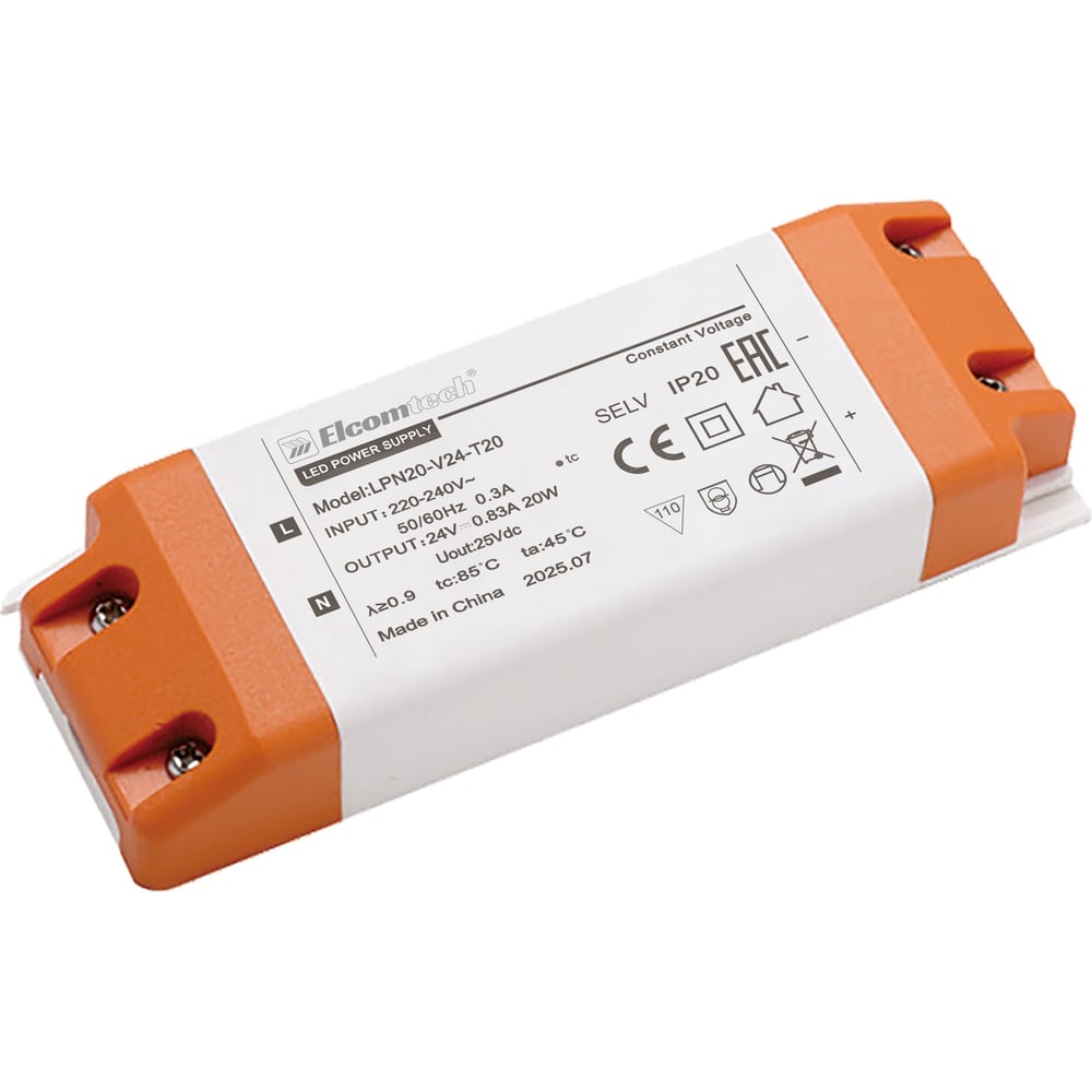 Изображение товара Драйвер ELCOMTECH LED 20W вход 220-240V, выход 24V 0,83A LPN20-V24-T20 УТ-00035240