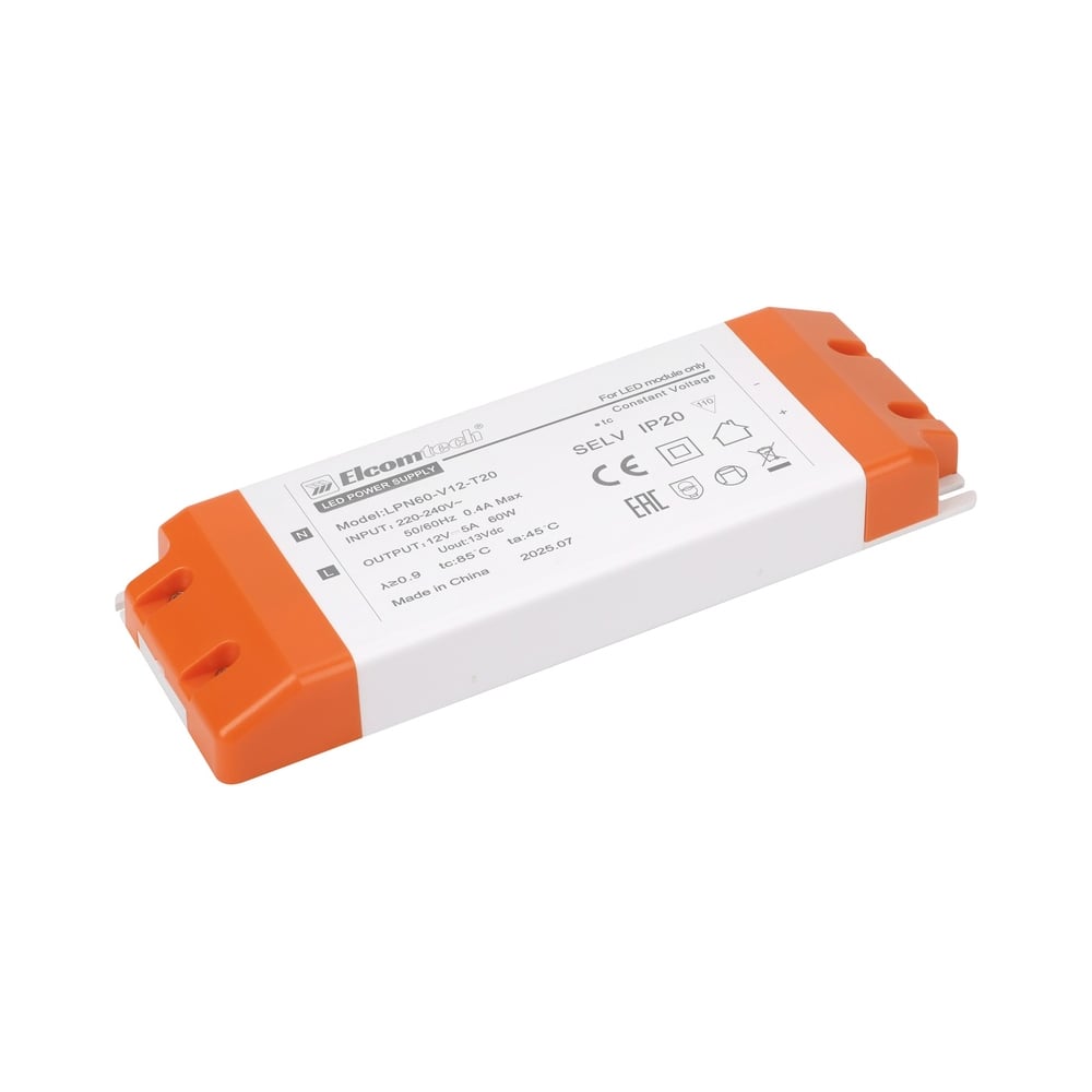 Изображение товара Драйвер для светодиодных светильников ELCOMTECH 60W 12V 5A LPN60-V12-T20