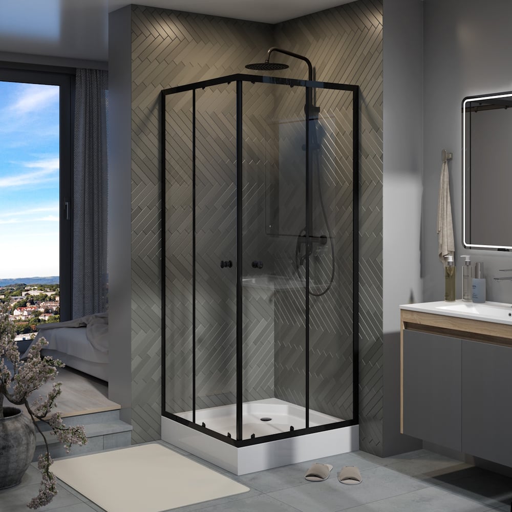 Изображение товара Душевой уголок Teymi 80х80 с поддоном стекло прозрачное профиль черный матовый Helmi T00602