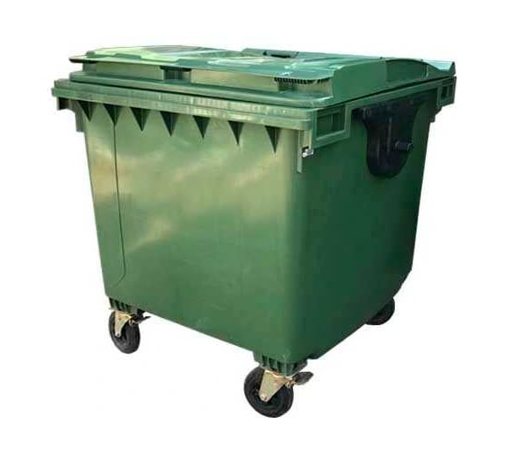 Изображение товара Контейнер Razak plast пластик, зелёный, R, 1100 л., без логотипа, крышка плоская, зелёная, на колёсах 1370325020397