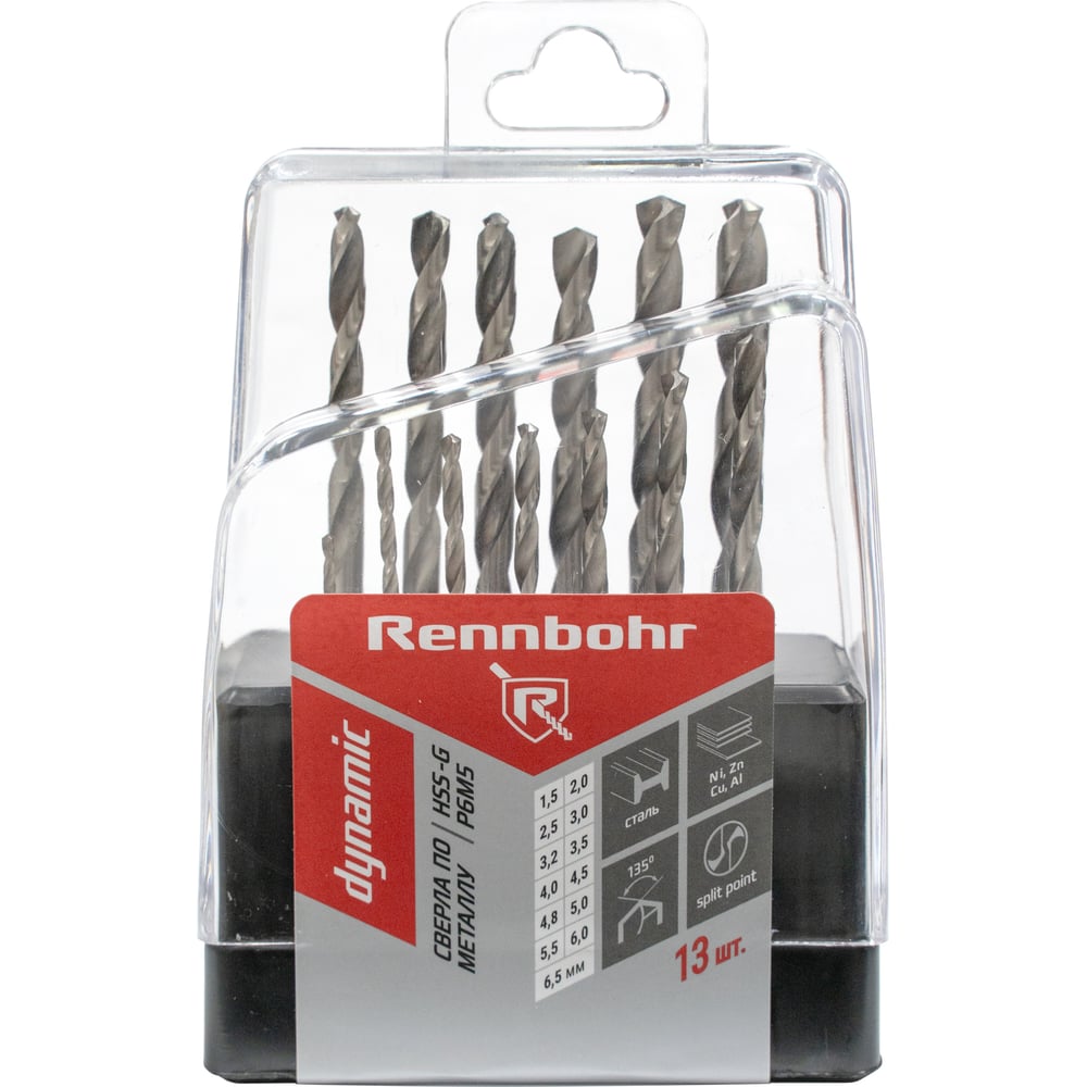 Изображение товара Набор сверл по металлу RENNBOHR 13 шт HSS-G ц/х с футляром 1.5-6.5 мм