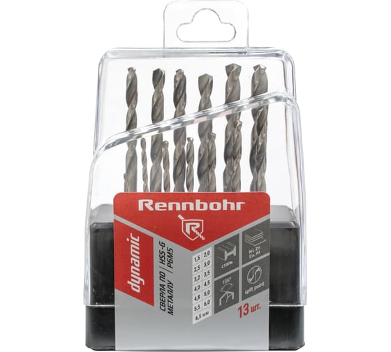 Изображение товара Набор сверл по металлу RENNBOHR ц/х, 13шт/кор (1.5-6.5 через 0.5мм, 3.2; 4.8мм) HSS-G, Р6М5, DYNAMIC S 675913