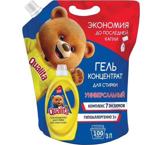Изображение товара Гель для стирки универсальный 3л QUALITA для всех типов тканей, концентрат, дой-пак, ш/к 40528 ОФИСМАГ 702022