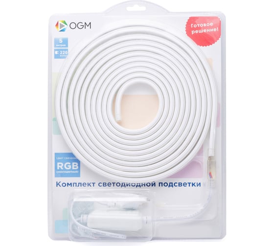 Изображение товара Комплект светодиодной ленты OGM 220В, 12Вт/м, smd5050, 60д/м, IP44, 700Лм/м/SL-52
