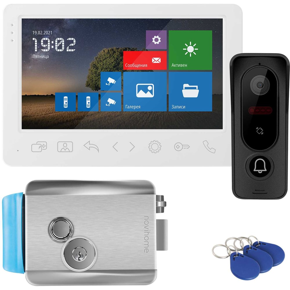 Изображение товара Комплект Novihome WHITE SURFACE 7 FHD KIT PLUS  v., состоящий из 7 Full HD видеодомофона, вызывной панели со СКУД и электромеханического замка 4297