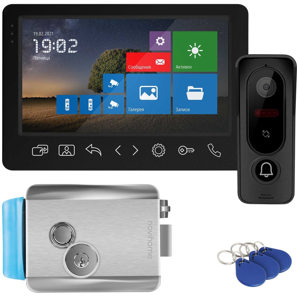 Изображение товара Комплект Novihome DARK SURFACE 7 FHD KIT PLUS v. комплект, состоящий из 7 Full HD видеодомофона, вызывной панели со СКУД и электромеханического замка 4298