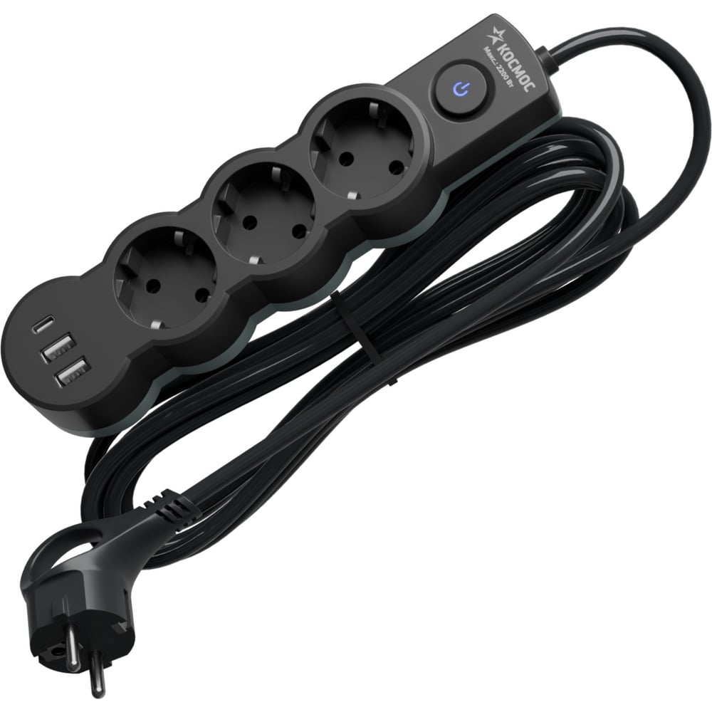 Изображение товара Удлинитель КОСМОС 1.5м с 3 розетками USB и заземлением черный