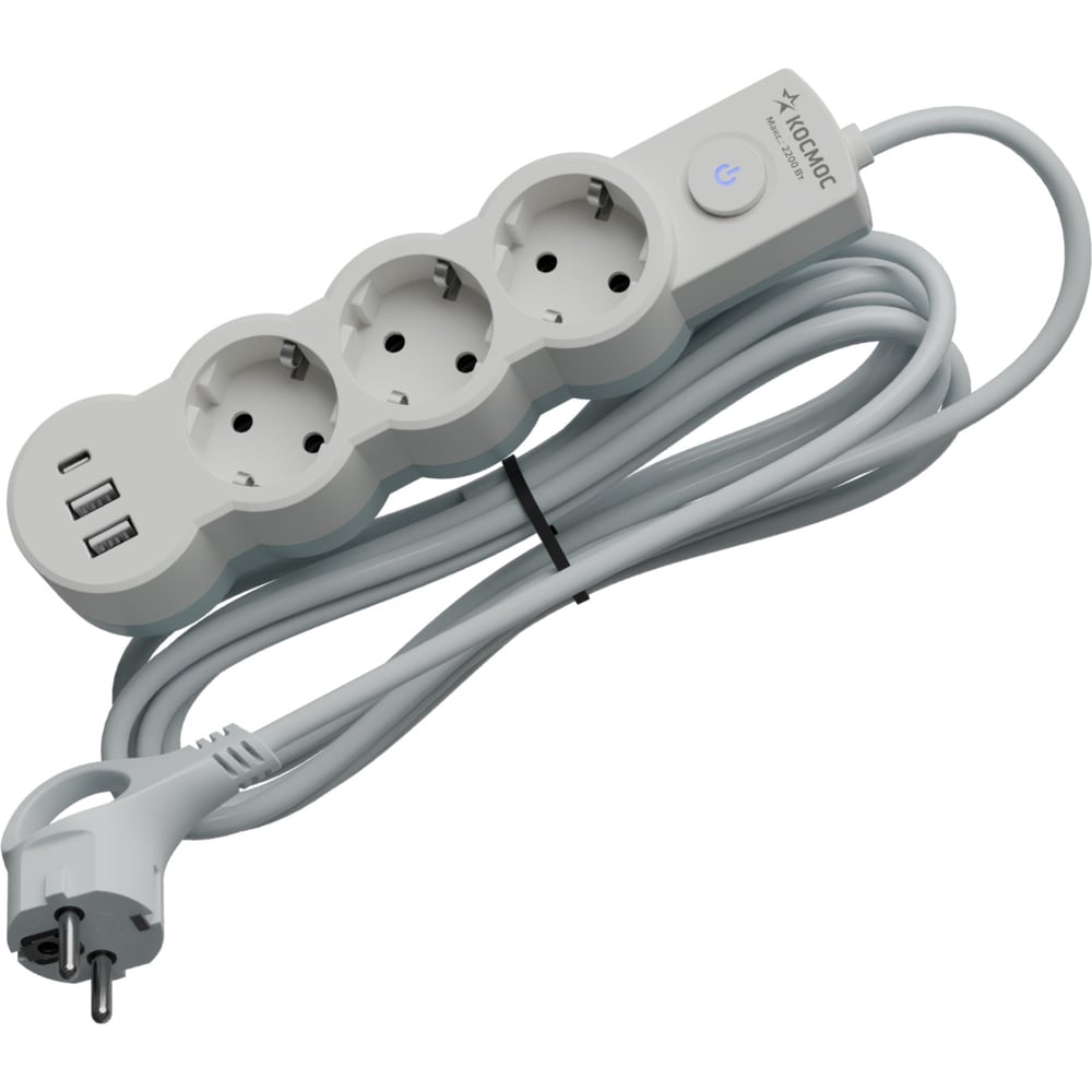 Изображение товара Удлинитель Космос 1.5м 3 розетки USB выключатель заземление белый