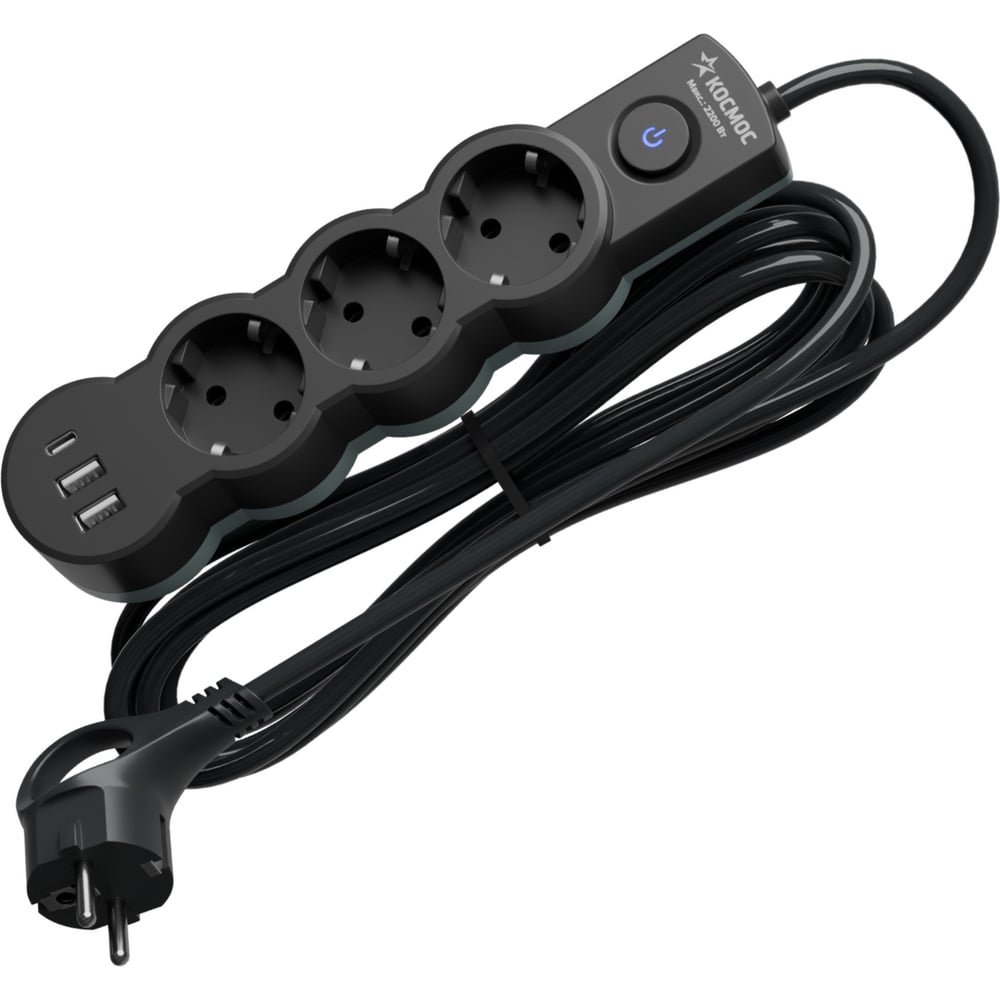 Изображение товара Удлинитель КОСМОС 3м с USB заземлением и выключателем черный