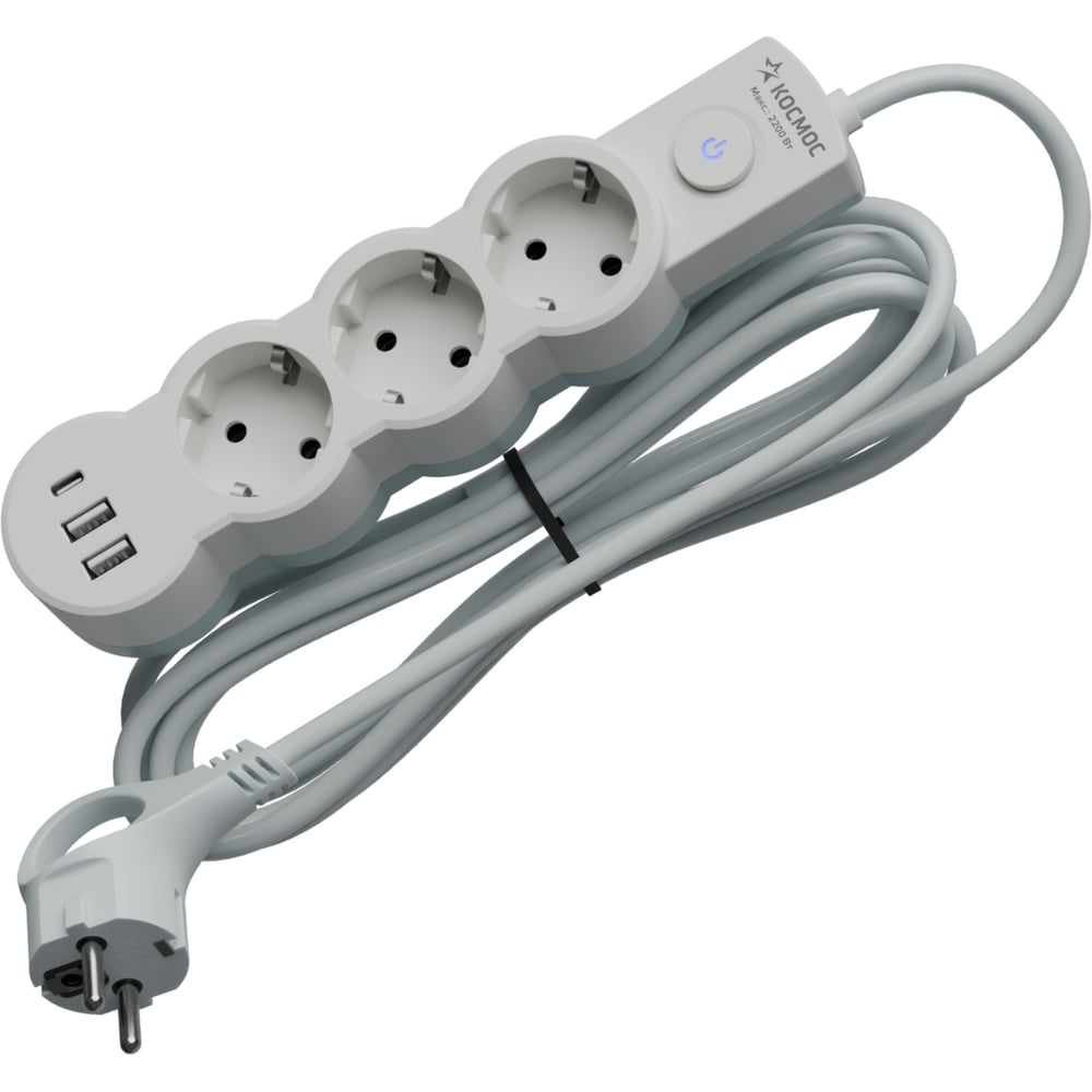 Изображение товара Удлинитель КОСМОС 3м 3 розетки USB заземление выключатель белый
