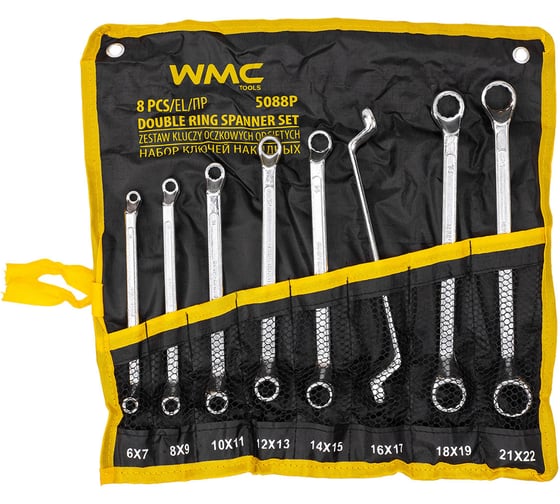 Изображение товара Ключи накидные, отогнутые на 75 градусов WMC TOOLS набор 8 предметов (6х7, 8х9, 10х11, 12х13, 14х15, 16х17, 18х19, 21х22мм) WMC-5088P(63062)