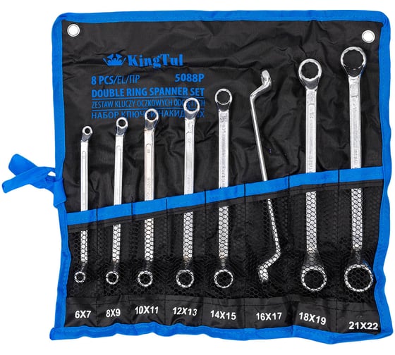 Изображение товара Ключи накидные KingTul отогнутые на 75 градусов, набор 8 предметов (6х7, 8х9, 10х11, 12х13, 14х15, 16х17, 18х19, 21х22мм) KT-5088P(63050)