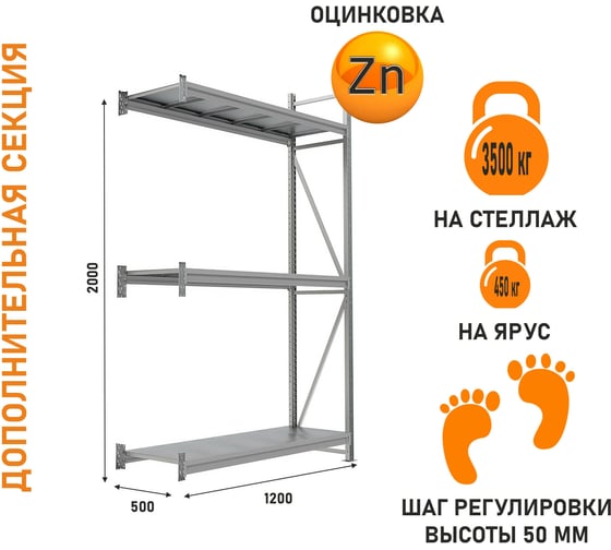 Изображение товара Дополнительная секция IRONMEBEL Optimus Pro h-2000 Zn, 3 яруса 1200х500 M-ДСГР20001200500ОЦ3