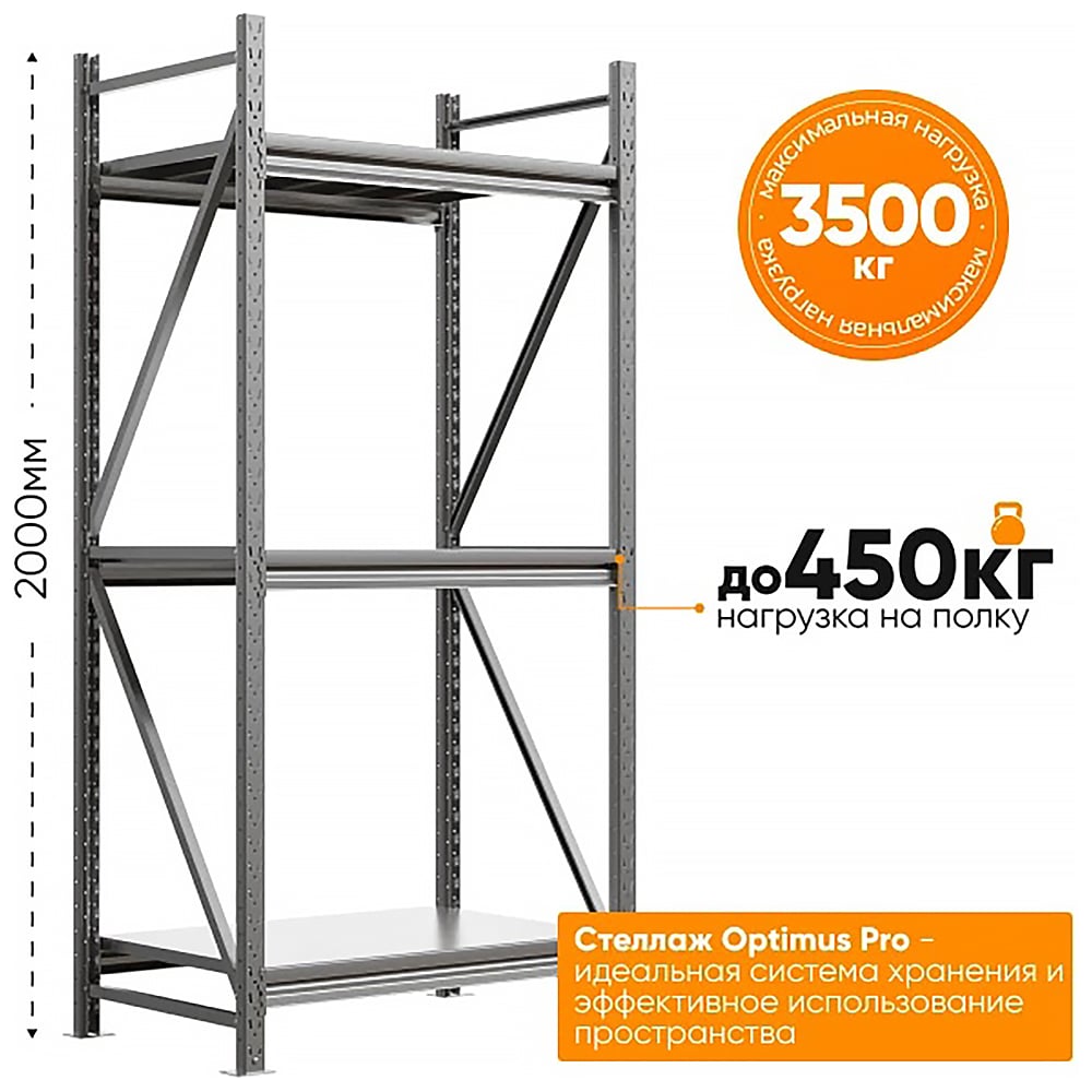Изображение товара Металлический стеллаж IRONMEBEL Optimus Pro h-2000 Zn 3 яруса 1200х500 напольный