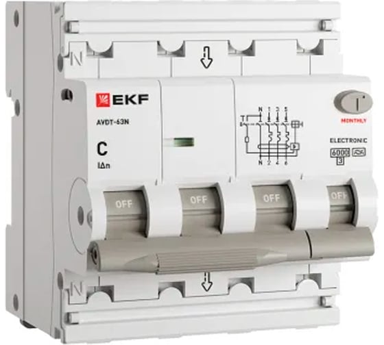 Изображение товара Автоматический выключатель дифференциального тока EKF АВДТ-63N 3P+N 63А 300мА характеристика C тип AC электронный 6кА PROXIMA D63N46E63C300