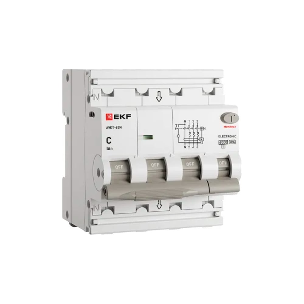 Изображение товара Автоматический выключатель дифференциального тока EKF АВДТ-63N 3P+N 50А 300мА электронный C тип