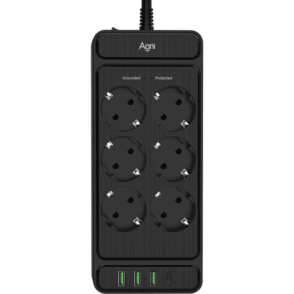 Изображение товара Сетевой фильтр AGNI 6 розеток с кабелем 3м USB-C USB-A черный