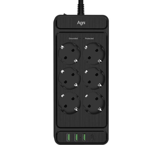 Изображение товара Сетевой фильтр плоский AGNI 6 розеток с кабелем 3м, черный, 3USB-A+1USB-C TP-FS4U6E-C-3m-black