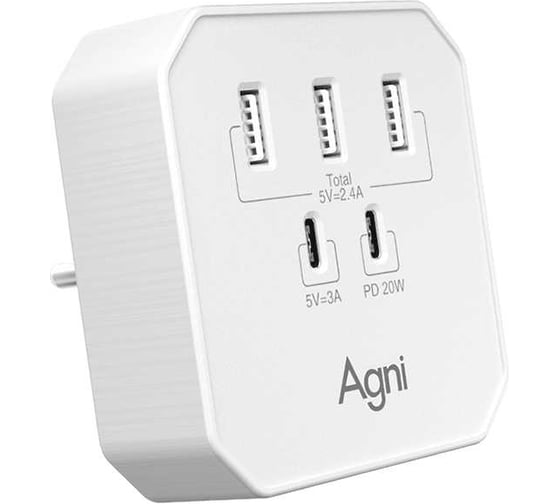 Изображение товара Тройник для розетки AGNI зарядное устройство, 3 USB-A, 2 USB-C, белый TP-WB2U3E-white