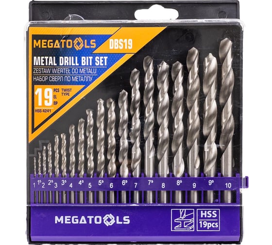 Изображение товара Набор сверл по металлу MEGATOOLS HSS, 19 предметов (1/1.5/2/2.5/3/3.5/4/4.5/5/5.5/6/6.5/7/7.5/8/8.5/9/9.5/10мм), в пластиковом футляре MT-DBS19(60715)