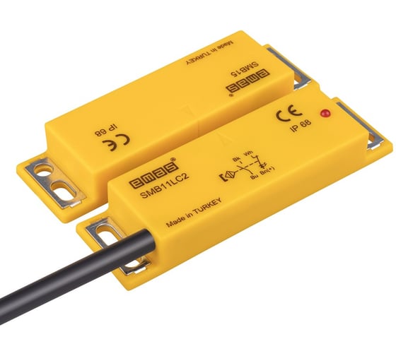 Изображение товара Магнитный датчик Emas 1НЗ+1НО, провод 2м, расстояние срабатывания 5мм, индикация LED, левый выход, IP68 SMB11LC2-B15
