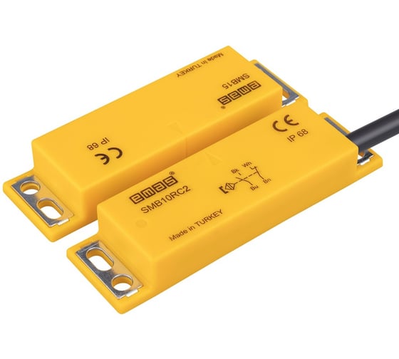 Изображение товара Магнитный датчик Emas 1НЗ+1НО, провод 2м, расстояние срабатывания 5мм, правый выход, IP68 SMB10RC2-B15