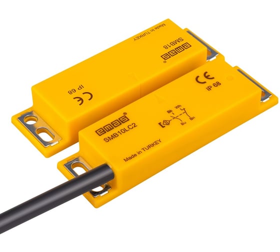 Изображение товара Магнитный датчик Emas 1НЗ+1НО, провод 2м, расстояние срабатывания 8мм, левый выход, IP68 SMB10LC2-B18