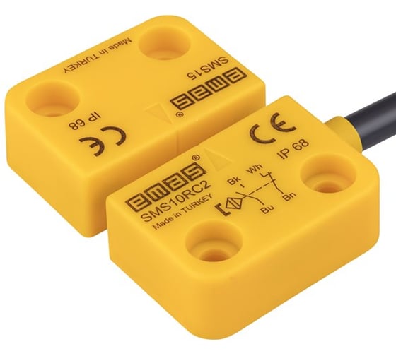 Изображение товара Магнитный датчик Emas 1НЗ+1НО, провод 2м, расстояние срабатывания 5мм, правый выход, IP68 SMS10RC2-S15