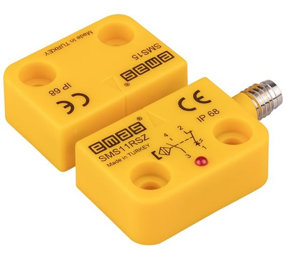 Изображение товара Магнитный датчик Emas 1НЗ+1НО, разъём M8_4, расстояние срабатывания 5мм, индикация LED, правый выход, IP68 SMS11RSZ-S15