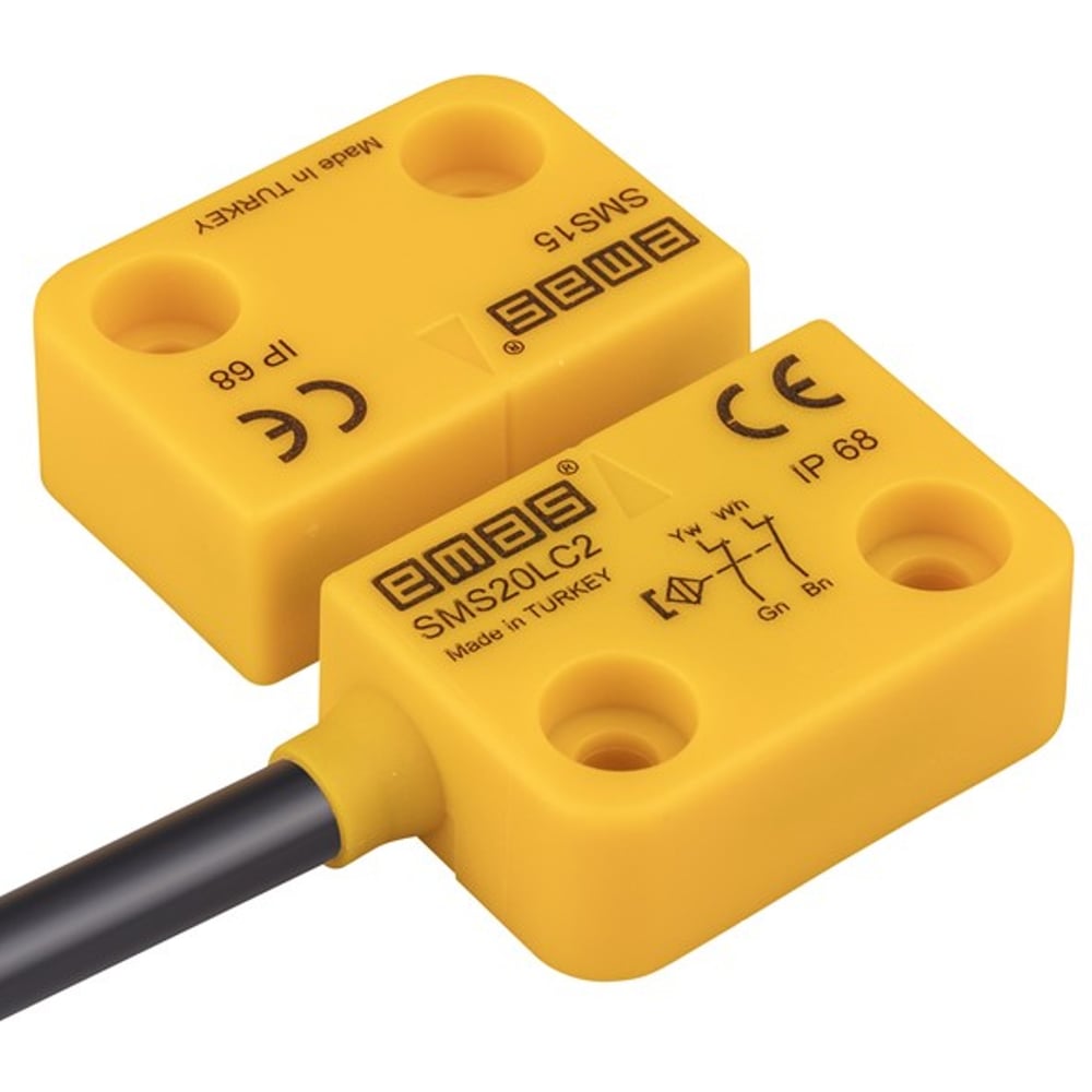 Изображение товара Магнитный датчик Emas 2НЗ, провод 2м, расстояние срабатывания 5мм, левый выход, IP68 SMS20LC2-S15