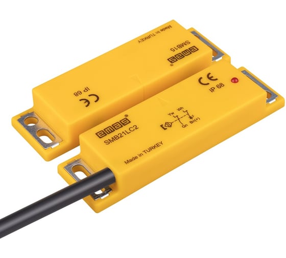 Изображение товара Магнитный датчик Emas 2НЗ, провод 2м, расстояние срабатывания 5мм, индикация LED, левый выход, IP68 SMB21LC2-B15