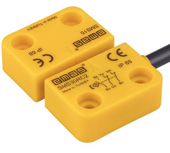 Изображение товара Магнитный датчик Emas 2НЗ+НО, провод 2м, расстояние срабатывания 5 мм, правый выход, IP68 SMS30RC2-S15