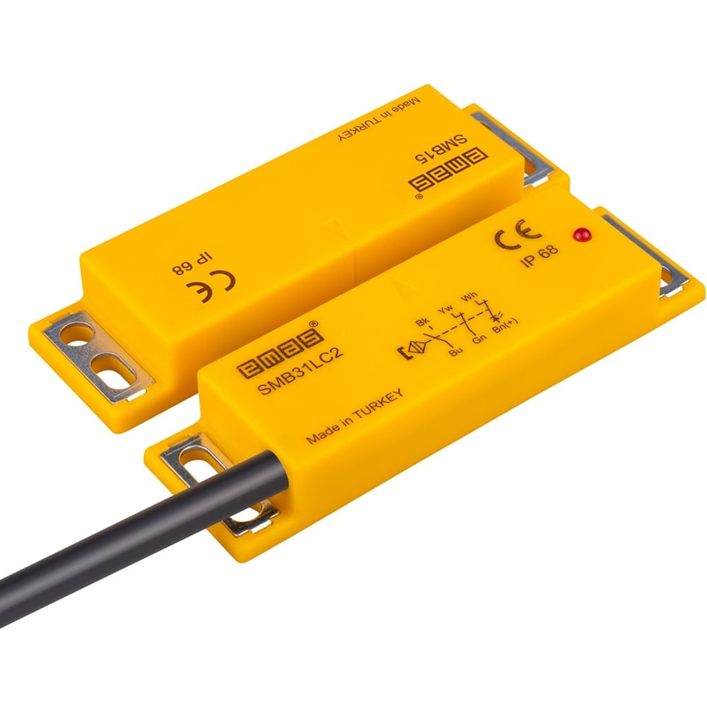 Изображение товара Магнитный датчик Emas 2НЗ+НО IP68 с проводом 2м, срабатывание 5 мм, LED индикация, левый выход