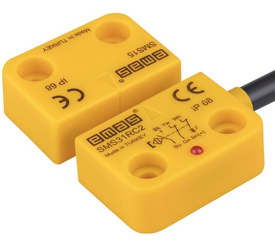 Изображение товара Магнитный датчик Emas 2НЗ+НО, провод 2м, расстояние срабатывания 5 мм, индикация LED, правый выход, IP68 SMS31RC2-S15