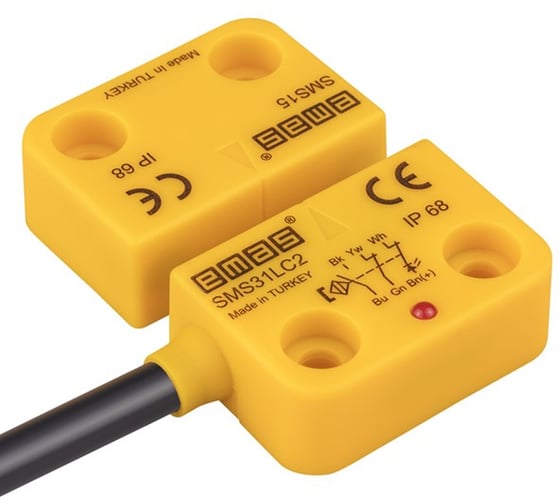 Изображение товара Магнитный датчик Emas 2НЗ+НО, провод 2м, расстояние срабатывания 5 мм, индикация LED, левый выход, IP68 SMS31LC2-S15
