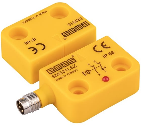 Изображение товара Магнитный датчик Emas 2НЗ, разъём M8_4, расстояние срабатывания 5 мм, индикация LED, левый выход, IP68 SMS21LSZ-S15