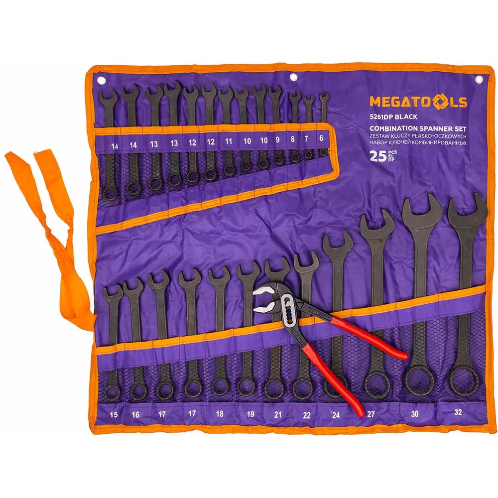 Изображение товара Набор комбинированных и рожковых ключей MEGATOOLS 25 предметов MT-5261DP+1 BLACK
