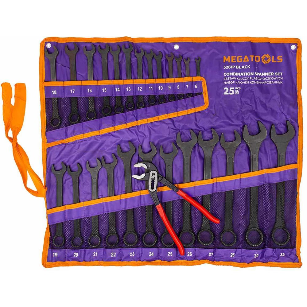 Изображение товара Набор ключей комбинированных и рожковых MEGATOOLS 25 предметов MT-5261P+1 BLACK
