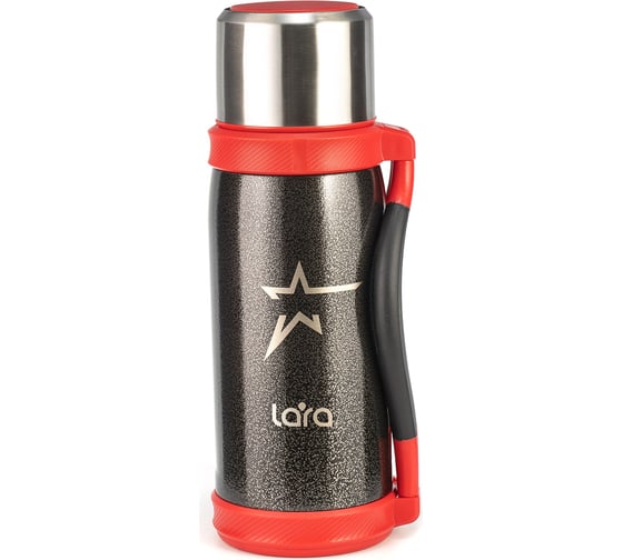 Изображение товара Термос Lara черный, 1200 мл, молотковая эмаль, складные ручки, крышка-стакан LR04-16