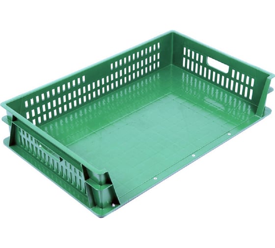 Изображение товара Ящик п/э 740х465х145 дно сплошное, стенки перфорированные, 3-х бортный цв. зелёный Тара.ру 21866