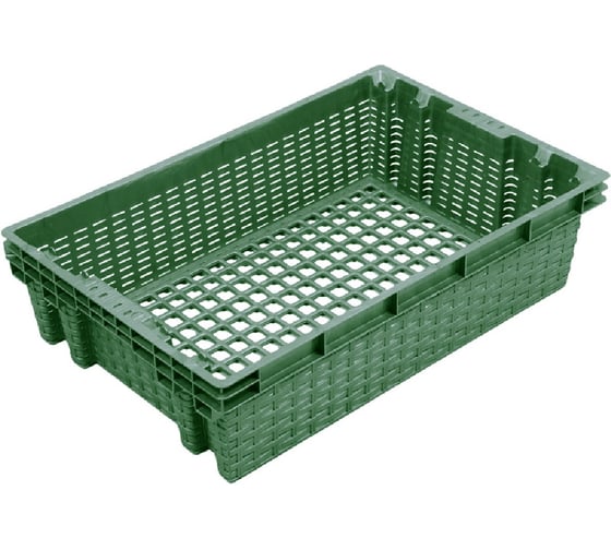Изображение товара Ящик п/э 600х400х152 1,2кг. перфорированный, в виде плетённой корзины цв. зелёный Тара.ру 32769
