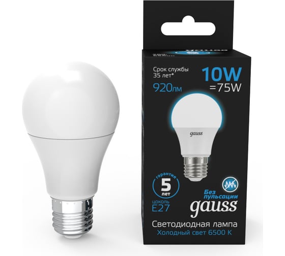 Изображение товара Лампа Gauss A60 10W 920lm 6500K E27 LED 102502310