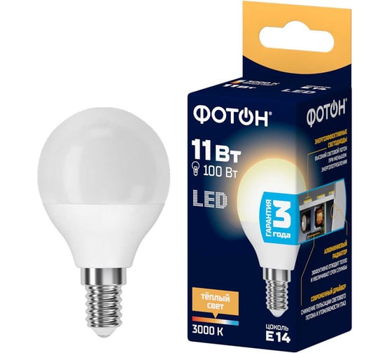 Изображение товара Светодиодная лампа ФОТОН LED P45 11Вт E14 3000K теплый свет 24002