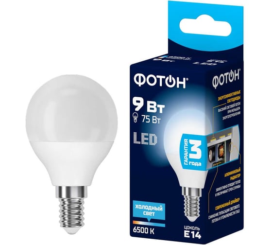 Изображение товара Светодиодная лампа ФОТОН LED P45 9Вт E14 6500K холодный свет 24016